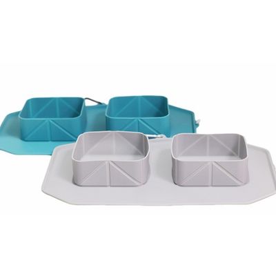 Outdoor Folding Double Bowl Pet Travel Silicone Dog Bowl with Anti-slip Silicone Mat