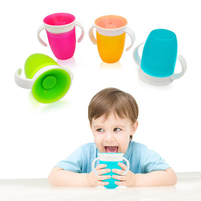 Double Handle Pink Silicone 360 Degrees Rotated Baby Learning Drinking Cup for Toddler