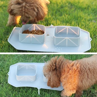 Outdoor Folding Double Bowl Pet Travel Silicone Dog Bowl with Anti-slip Silicone Mat
