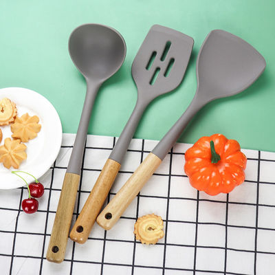 Silicone Kitchen Three-piece Set Heat Resistant Shovel Non-stick Spoon Wooden Handle